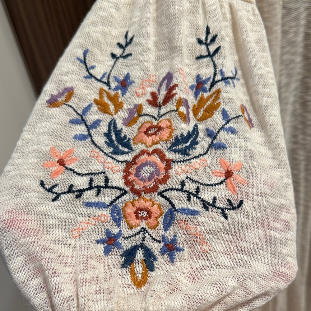 art class Embroidered Floral Cream Swim Coverup with Blue and Pink Accents.